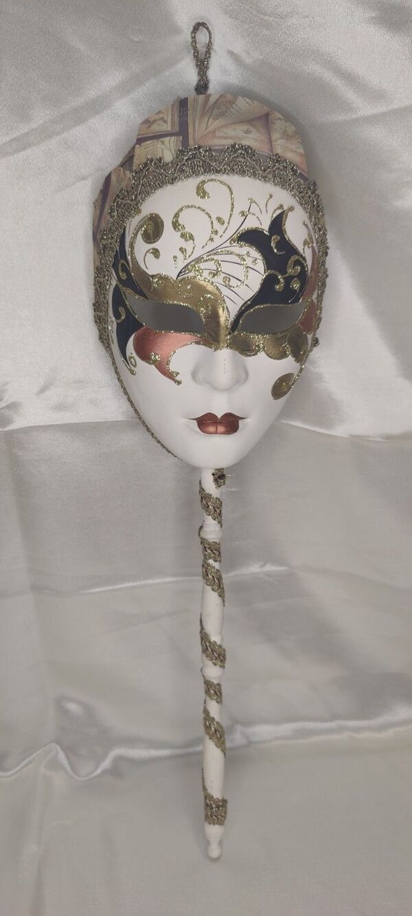 andheld Venetian Volto Masquerade Mask on Stick | Gold, White & Black Wand Mask